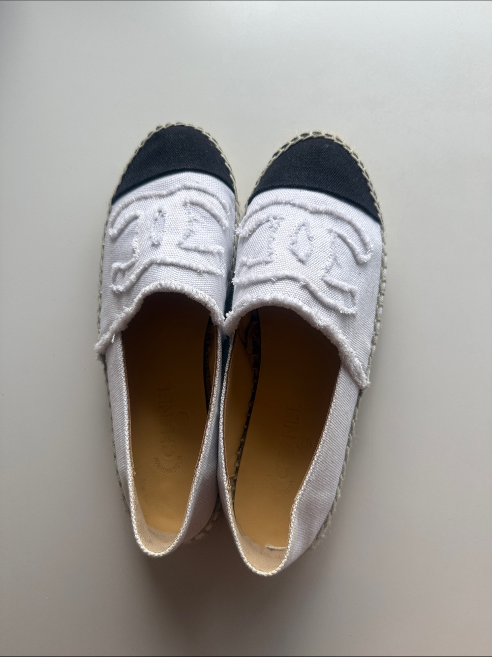 CHANEL White Canvas Espadrilles with Black Toe Cap